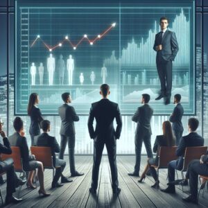 A group of people in suits and ties standing in front of a large screen with a chart showing the results of their marketing plan