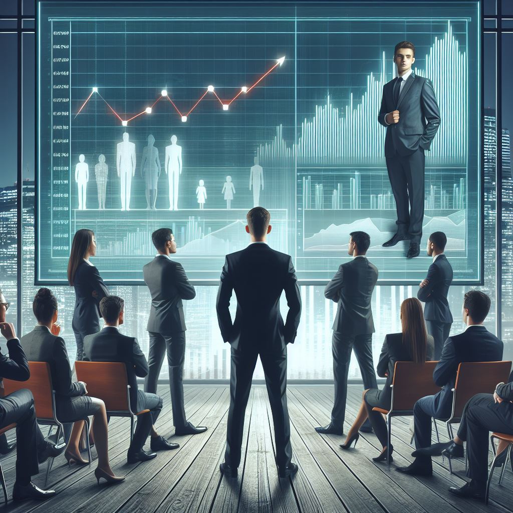 A group of people in suits and ties standing in front of a large screen with a chart showing the results of their marketing plan